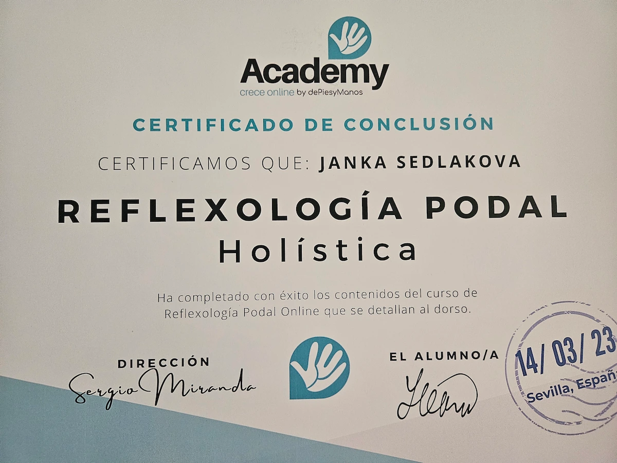 Janka Sedlakova massage certificate - Holistica