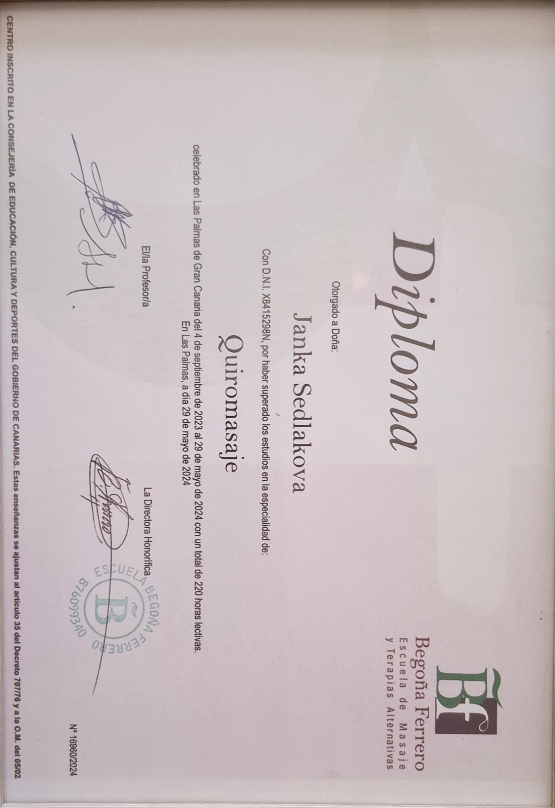 Certificado de quiromasajista — Janka Sedlakova
