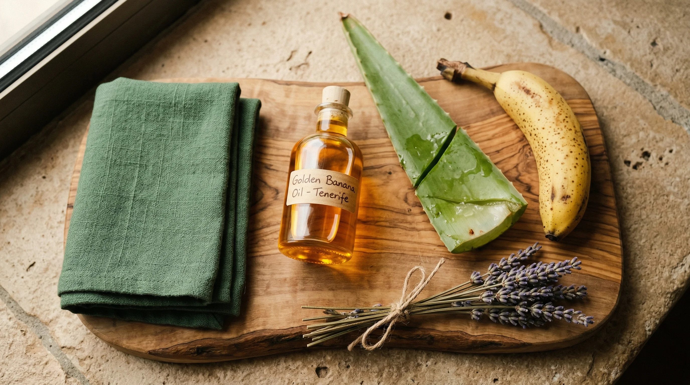 Ingredientes naturales del masaje canario: aceite de plátano, aloe vera y lavanda sobre tabla de madera